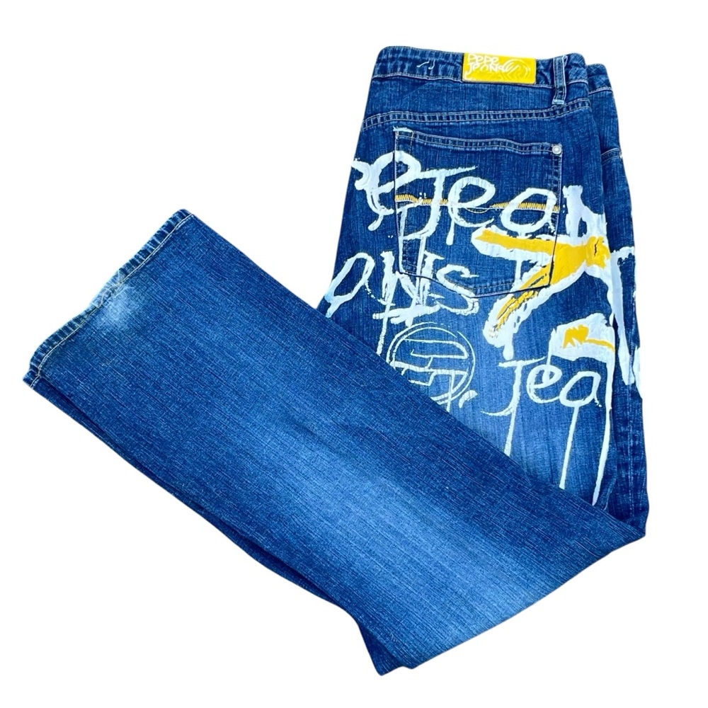 PePe London Men’s 36x31Bootcut Jeans with White and Yellow Graffiti Design